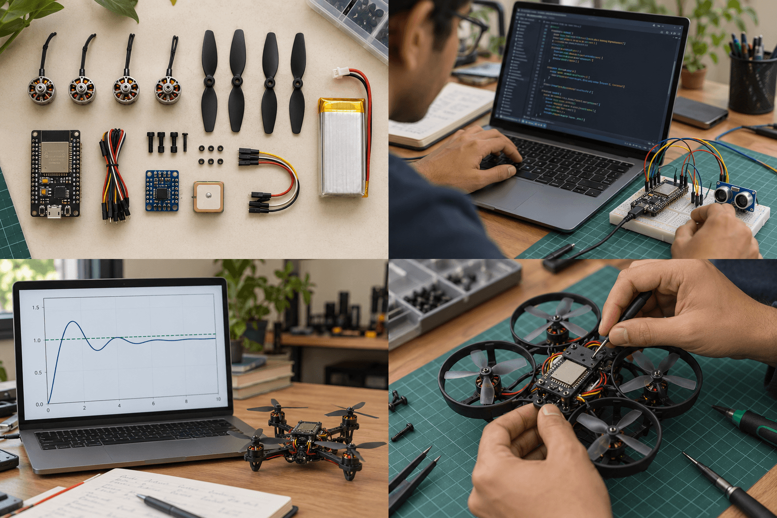 Illustrative learning scene: A flat-lay of motors, propellers, electronics, and a drone battery